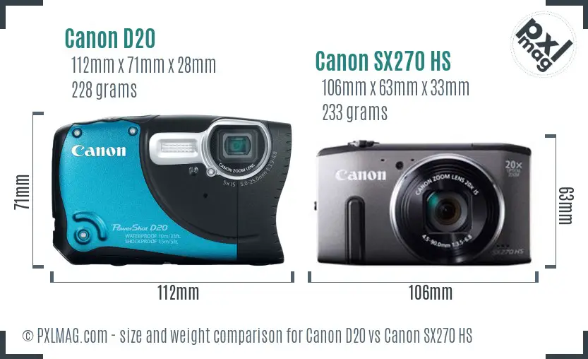Canon D20 vs Canon SX270 HS size comparison