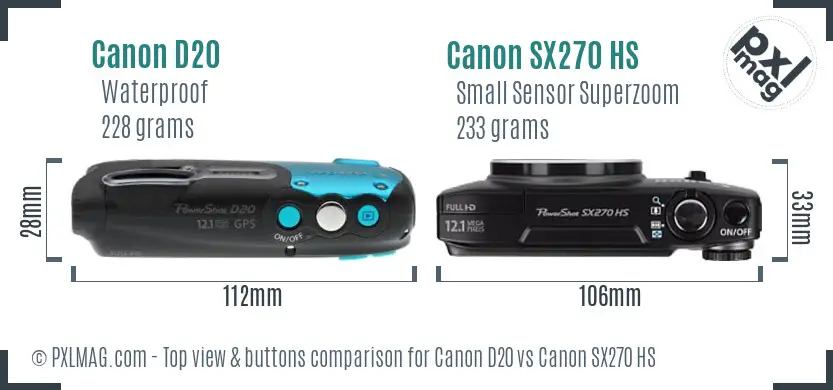 Canon D20 vs Canon SX270 HS top view buttons comparison