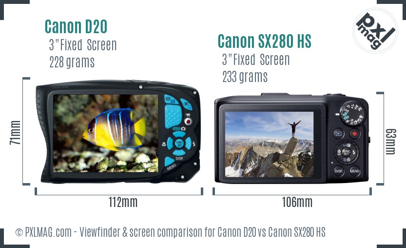 Canon D20 vs Canon SX280 HS Screen and Viewfinder comparison