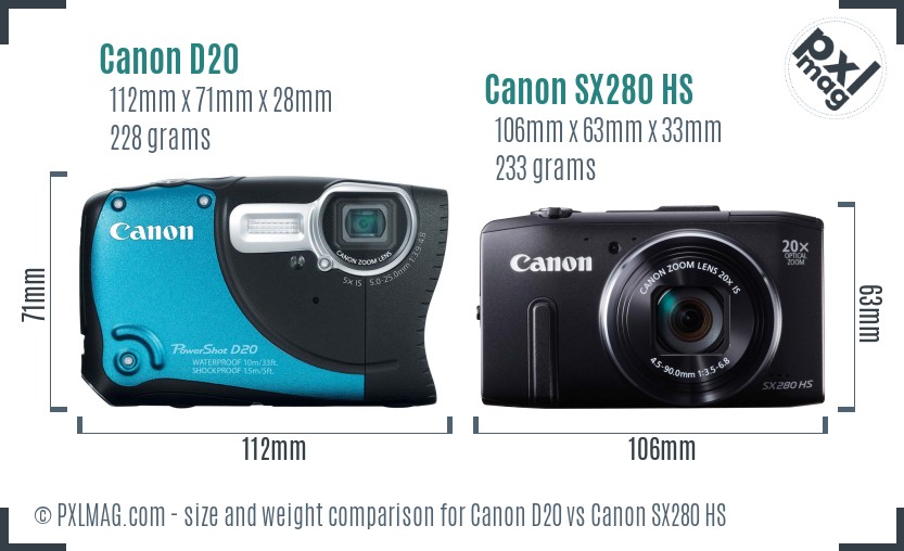 Canon D20 vs Canon SX280 HS size comparison Canon D20 vs Canon SX280 HS size comparison