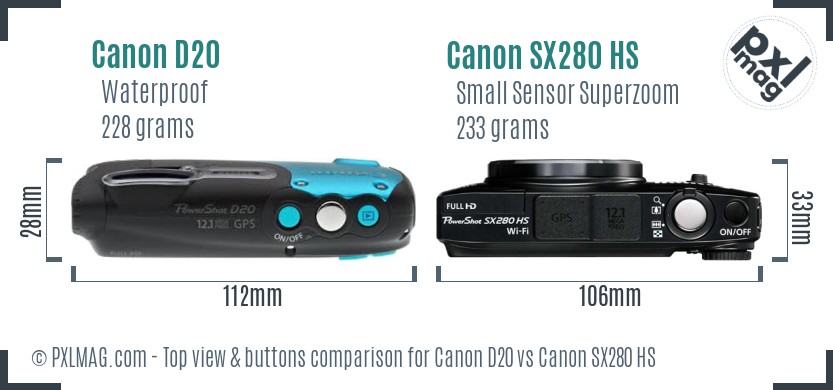 Canon D20 vs Canon SX280 HS top view buttons comparison