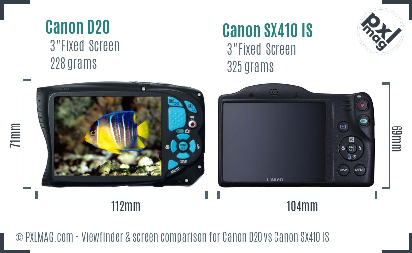 Canon D20 vs Canon SX410 IS Screen and Viewfinder comparison