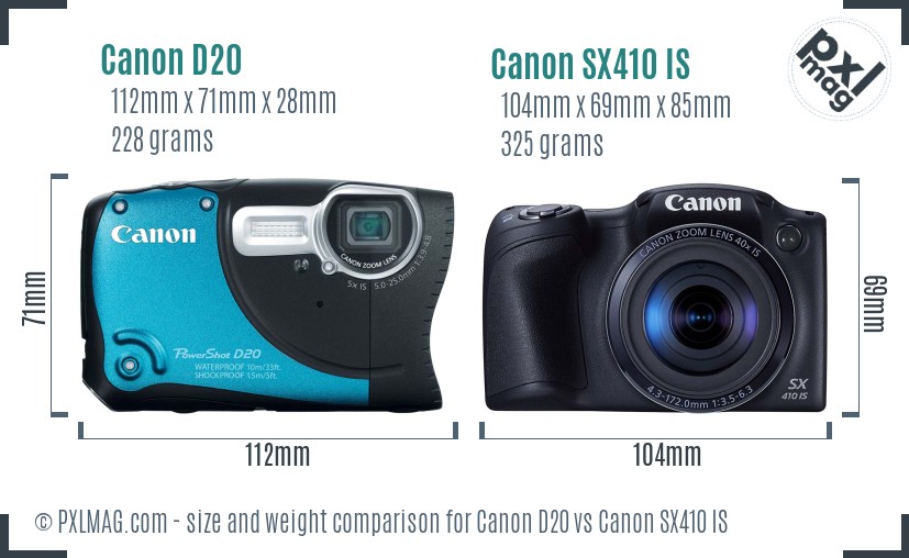 Canon D20 vs Canon SX410 IS size comparison