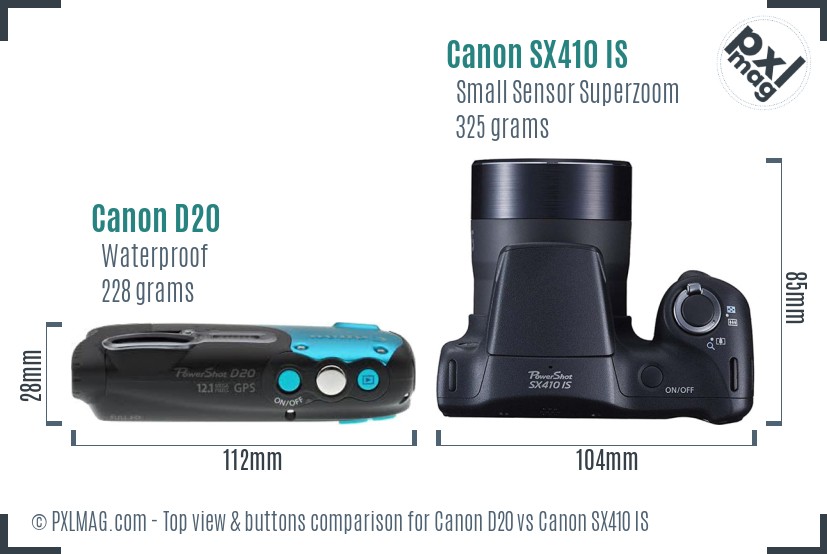 Canon D20 vs Canon SX410 IS top view buttons comparison