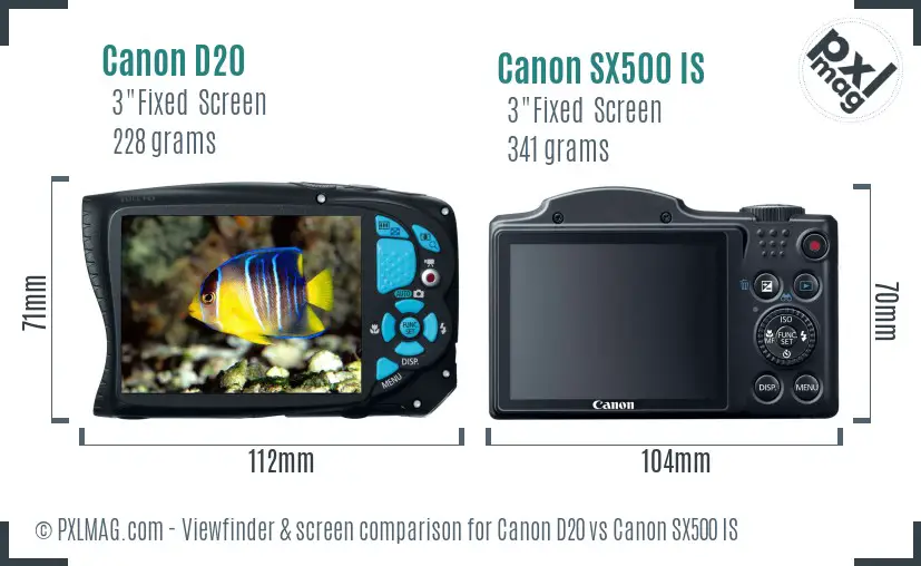 Canon D20 vs Canon SX500 IS Screen and Viewfinder comparison