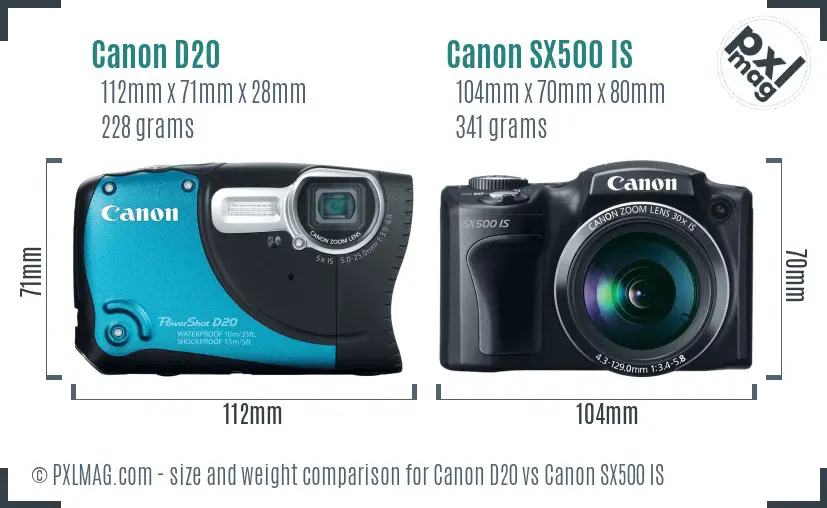 Canon D20 vs Canon SX500 IS size comparison