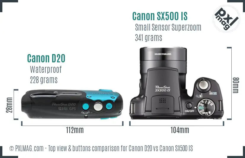 Canon D20 vs Canon SX500 IS top view buttons comparison