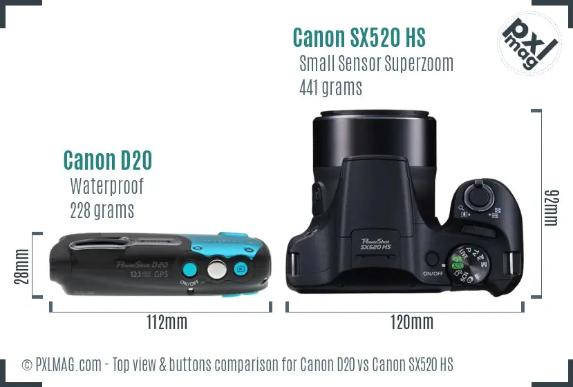 Canon D20 vs Canon SX520 HS top view buttons comparison