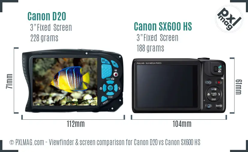 Canon D20 vs Canon SX600 HS Screen and Viewfinder comparison