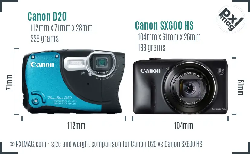 Canon D20 vs Canon SX600 HS size comparison Canon D20 vs Canon SX600 HS size comparison