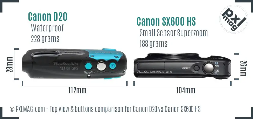 Canon D20 vs Canon SX600 HS top view buttons comparison