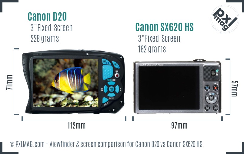 Canon D20 vs Canon SX620 HS Screen and Viewfinder comparison