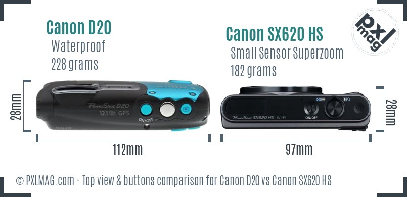 Canon D20 vs Canon SX620 HS top view buttons comparison