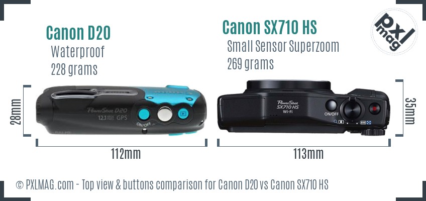 Canon D20 vs Canon SX710 HS top view buttons comparison
