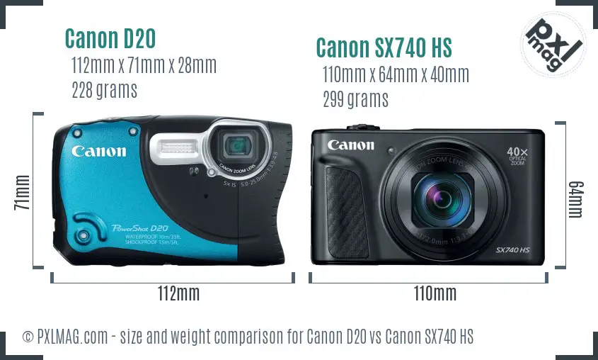 Canon D20 vs Canon SX740 HS size comparison Canon D20 vs Canon SX740 HS size comparison
