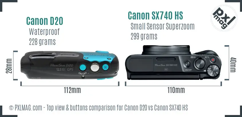 Canon D20 vs Canon SX740 HS top view buttons comparison Canon D20 vs Canon SX740 HS top view buttons comparison