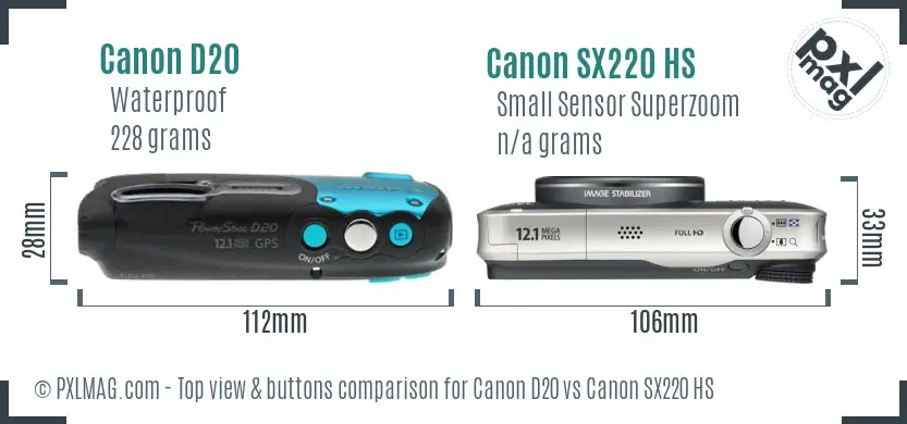 Canon D20 vs Canon SX220 HS top view buttons comparison