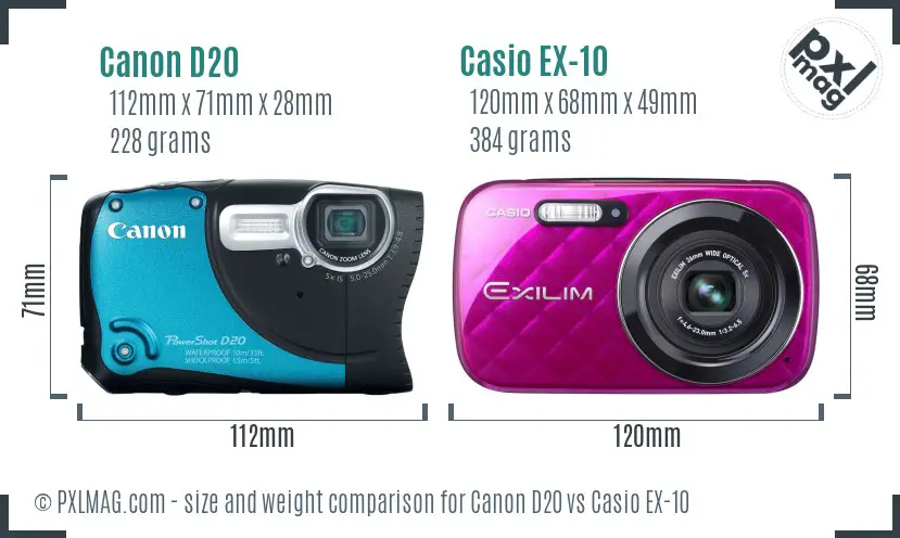Canon D20 vs Casio EX-10 size comparison