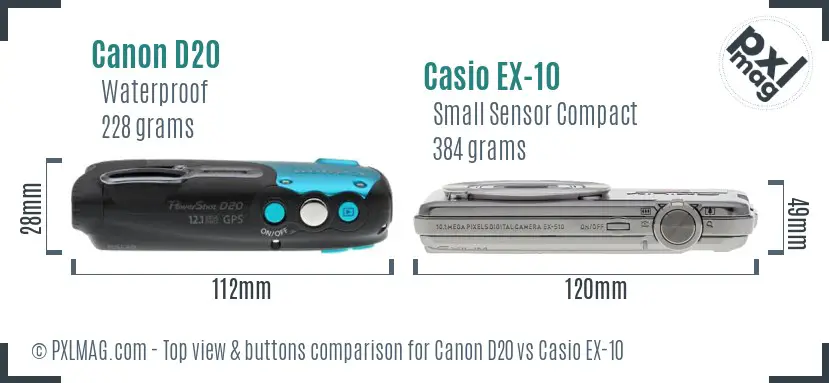 Canon D20 vs Casio EX-10 top view buttons comparison