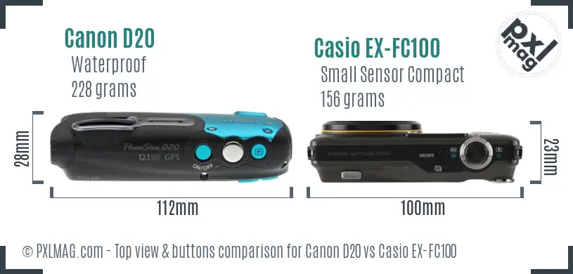 Canon D20 vs Casio EX-FC100 top view buttons comparison