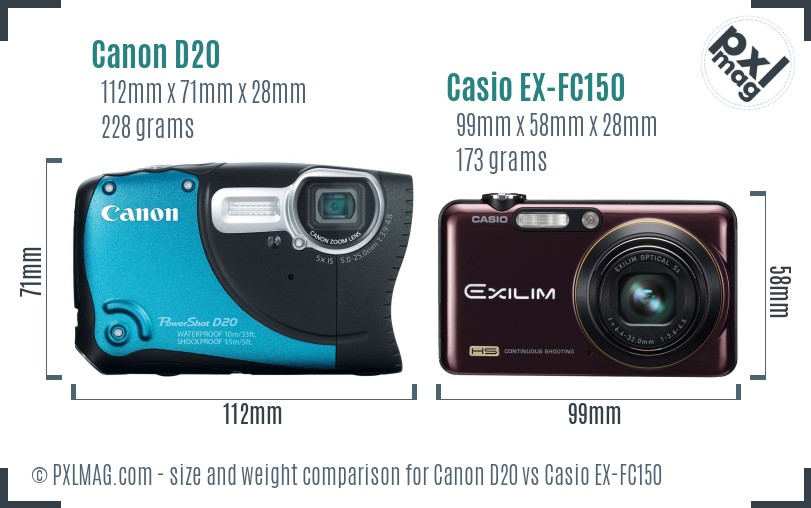 Canon D20 vs Casio EX-FC150 size comparison