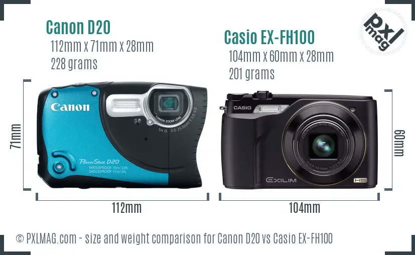 Canon D20 vs Casio EX-FH100 size comparison Canon D20 vs Casio EX-FH100 size comparison
