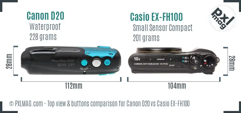 Canon D20 vs Casio EX-FH100 top view buttons comparison