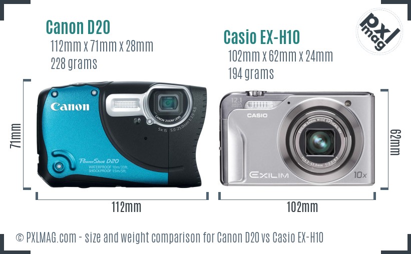 Canon D20 vs Casio EX-H10 size comparison