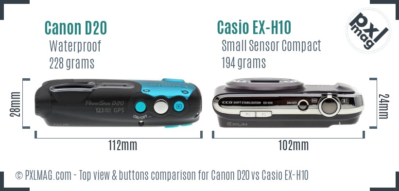 Canon D20 vs Casio EX-H10 top view buttons comparison