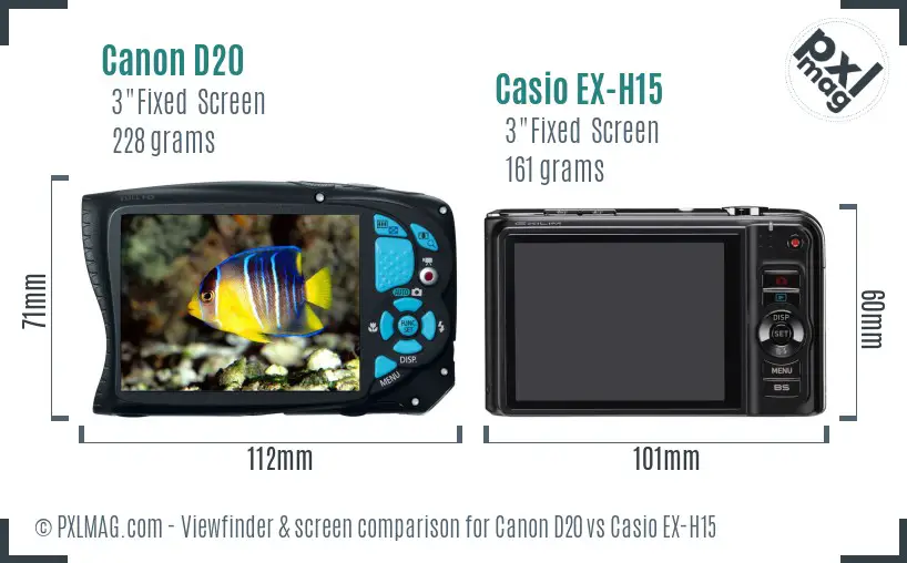 Canon D20 vs Casio EX-H15 Screen and Viewfinder comparison