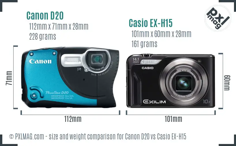 Canon D20 vs Casio EX-H15 size comparison