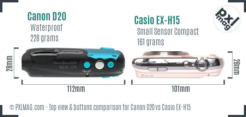 Canon D20 vs Casio EX-H15 top view buttons comparison