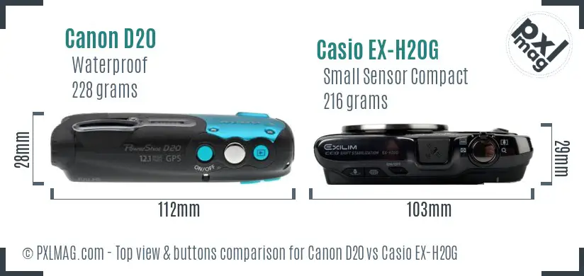 Canon D20 vs Casio EX-H20G top view buttons comparison Canon D20 vs Casio EX-H20G top view buttons comparison