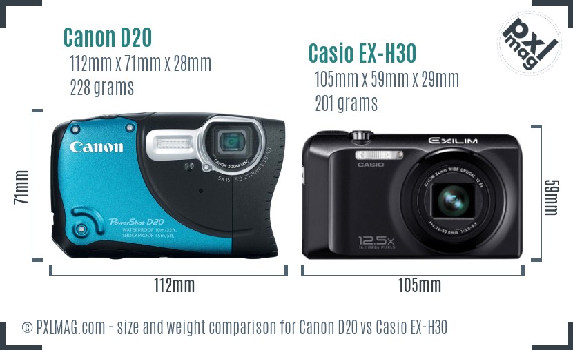 Canon D20 vs Casio EX-H30 size comparison Canon D20 vs Casio EX-H30 size comparison