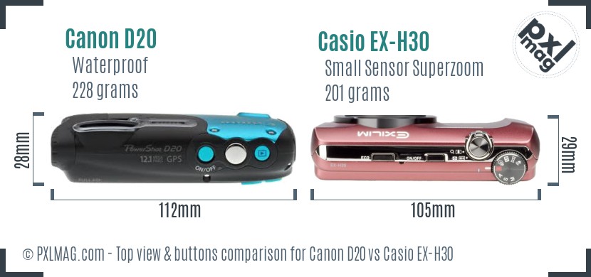 Canon D20 vs Casio EX-H30 top view buttons comparison