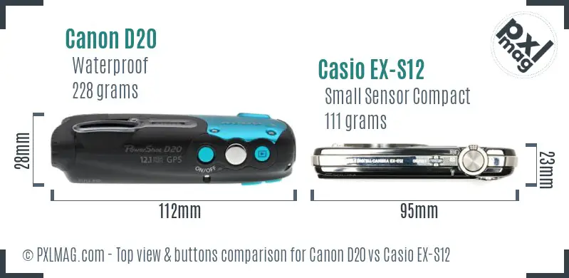 Canon D20 vs Casio EX-S12 top view buttons comparison Canon D20 vs Casio EX-S12 top view buttons comparison