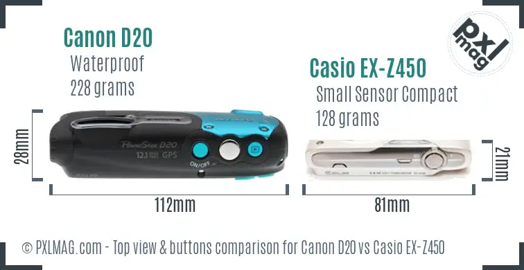Canon D20 vs Casio EX-Z450 top view buttons comparison Canon D20 vs Casio EX-Z450 top view buttons comparison