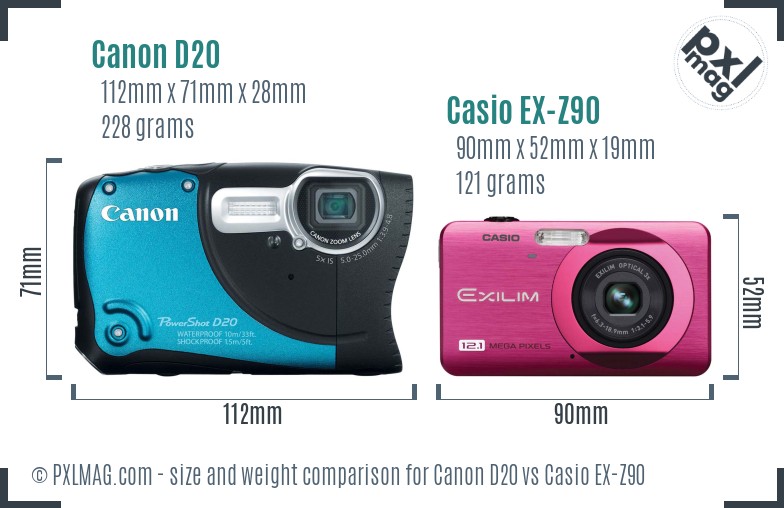 Canon D20 vs Casio EX-Z90 size comparison