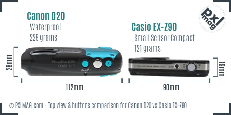 Canon D20 vs Casio EX-Z90 top view buttons comparison