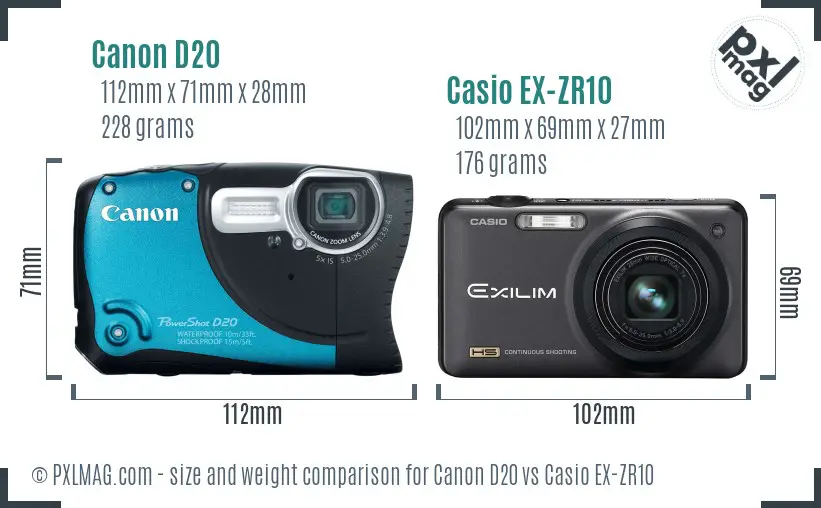 Canon D20 vs Casio EX-ZR10 size comparison