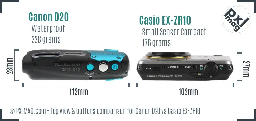 Canon D20 vs Casio EX-ZR10 top view buttons comparison