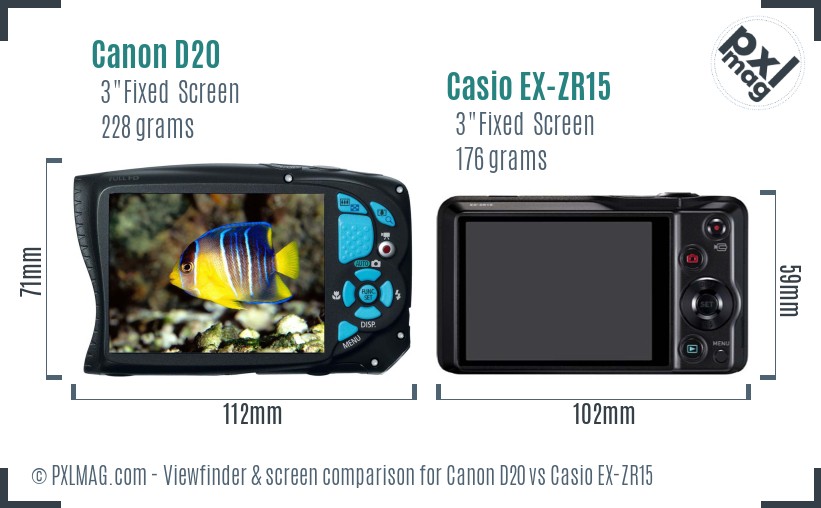 Canon D20 vs Casio EX-ZR15 Screen and Viewfinder comparison