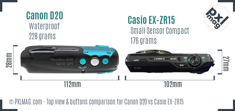 Canon D20 vs Casio EX-ZR15 top view buttons comparison