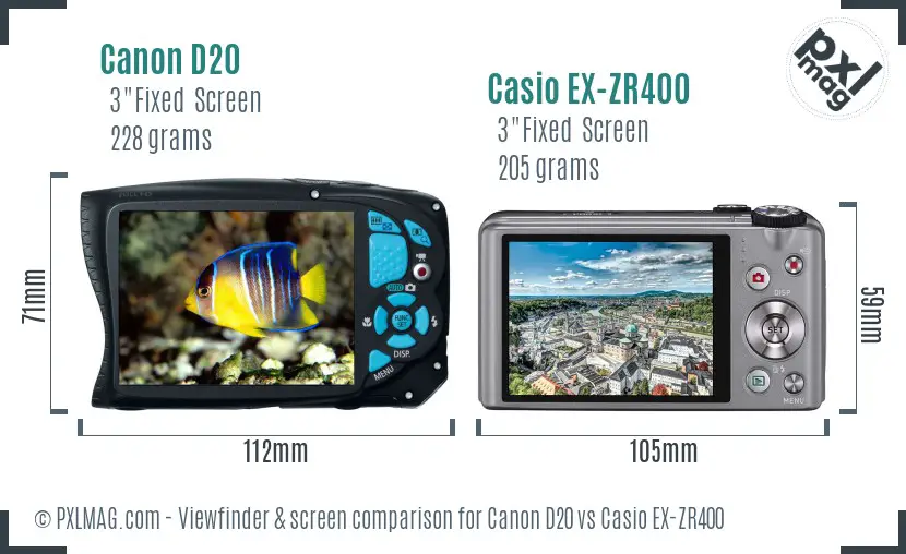 Canon D20 vs Casio EX-ZR400 Screen and Viewfinder comparison