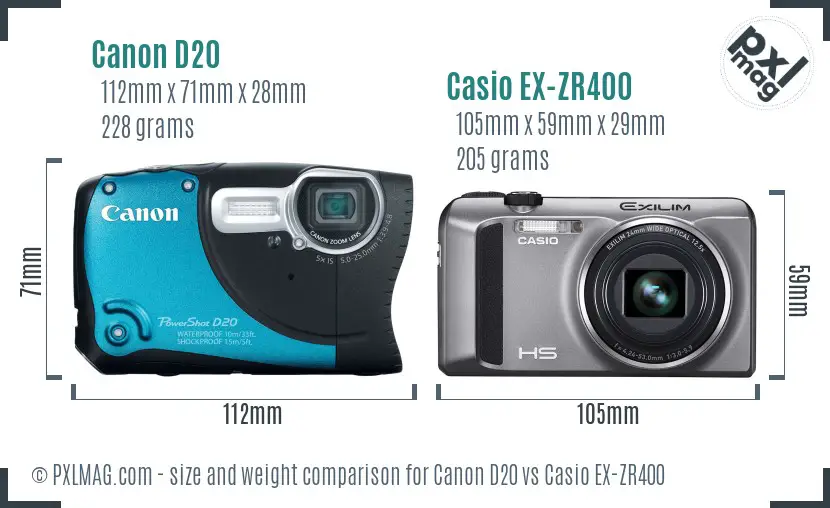 Canon D20 vs Casio EX-ZR400 size comparison