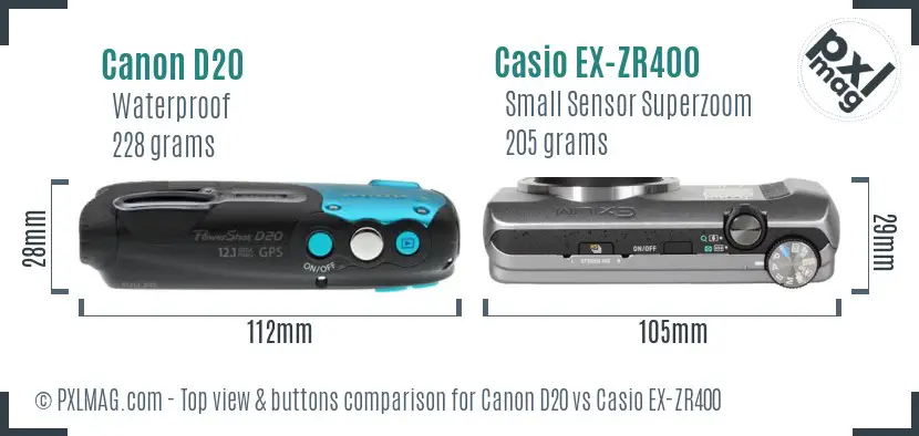 Canon D20 vs Casio EX-ZR400 top view buttons comparison