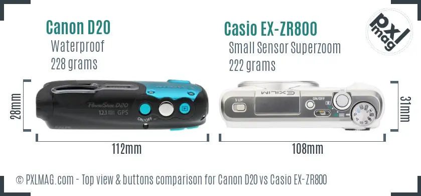 Canon D20 vs Casio EX-ZR800 top view buttons comparison Canon D20 vs Casio EX-ZR800 top view buttons comparison