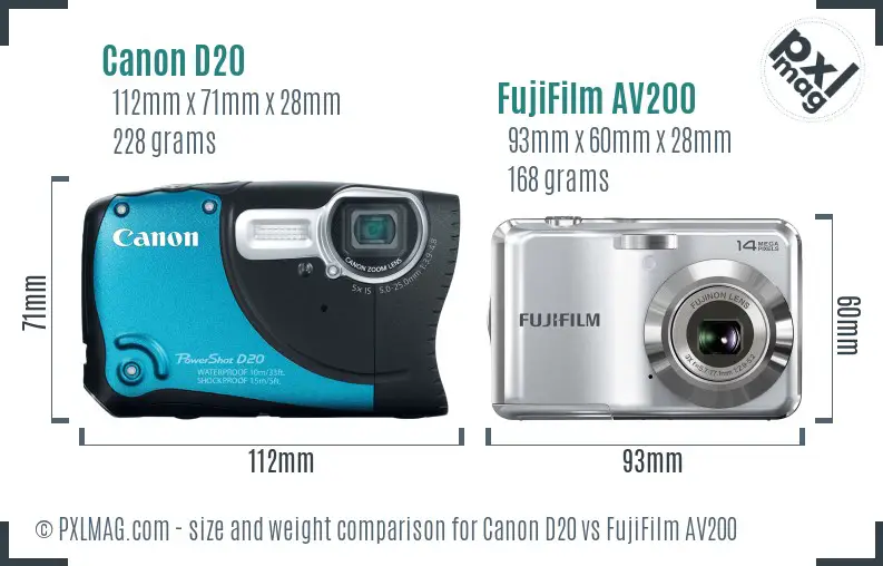 Canon D20 vs FujiFilm AV200 size comparison