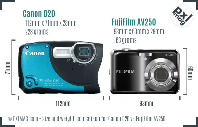 Canon D20 vs FujiFilm AV250 size comparison