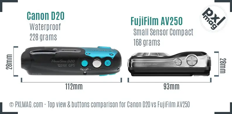 Canon D20 vs FujiFilm AV250 top view buttons comparison